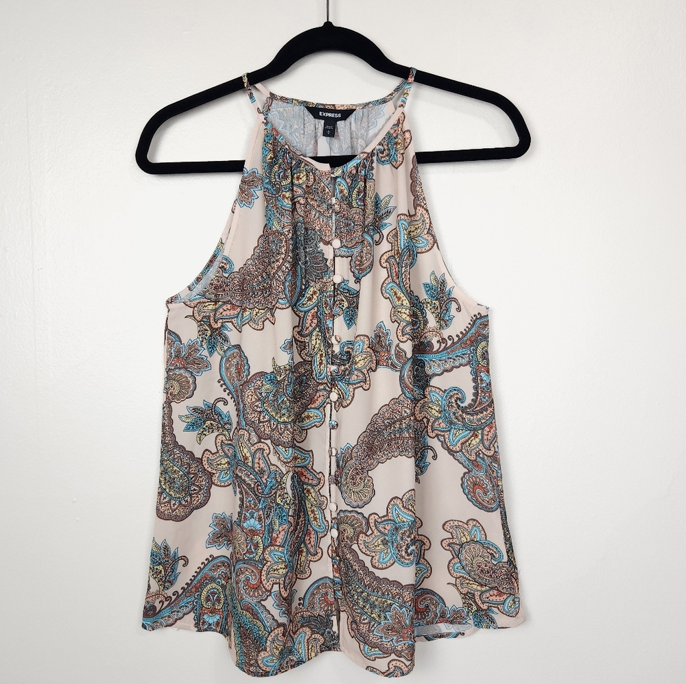 Express Paisley High Neck Sleeveless Button Top